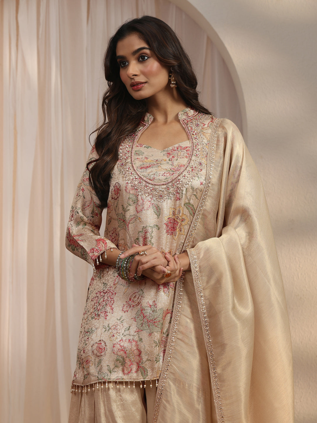 Libas Beige Floral Woven Design Silk Blend Farshi Salwar Suit
