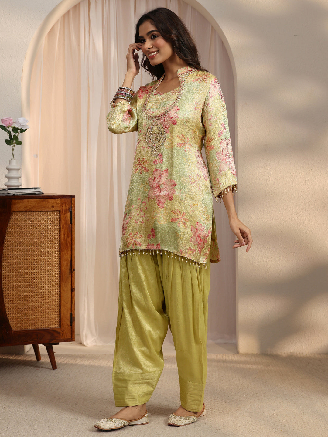 Libas Green Floral Woven Design Silk Blend Farshi Salwar Suit