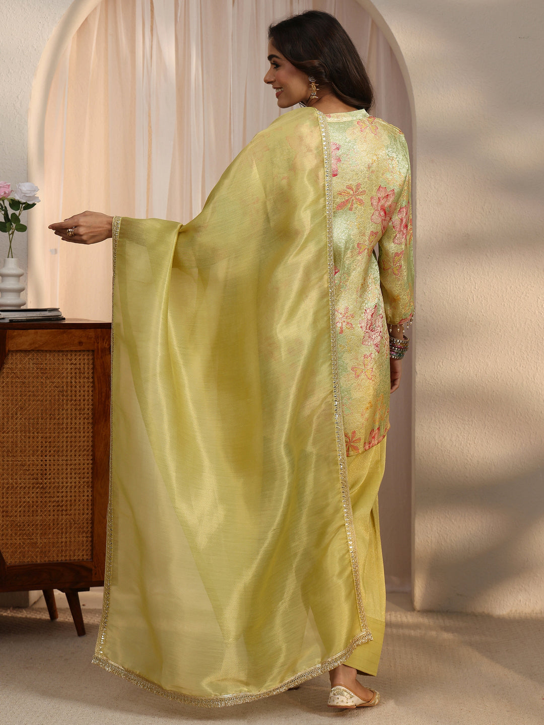Libas Green Floral Woven Design Silk Blend Farshi Salwar Suit