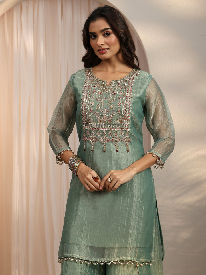 Libas Green Yoke Design Embellished Tissue Palazzo Suit Set