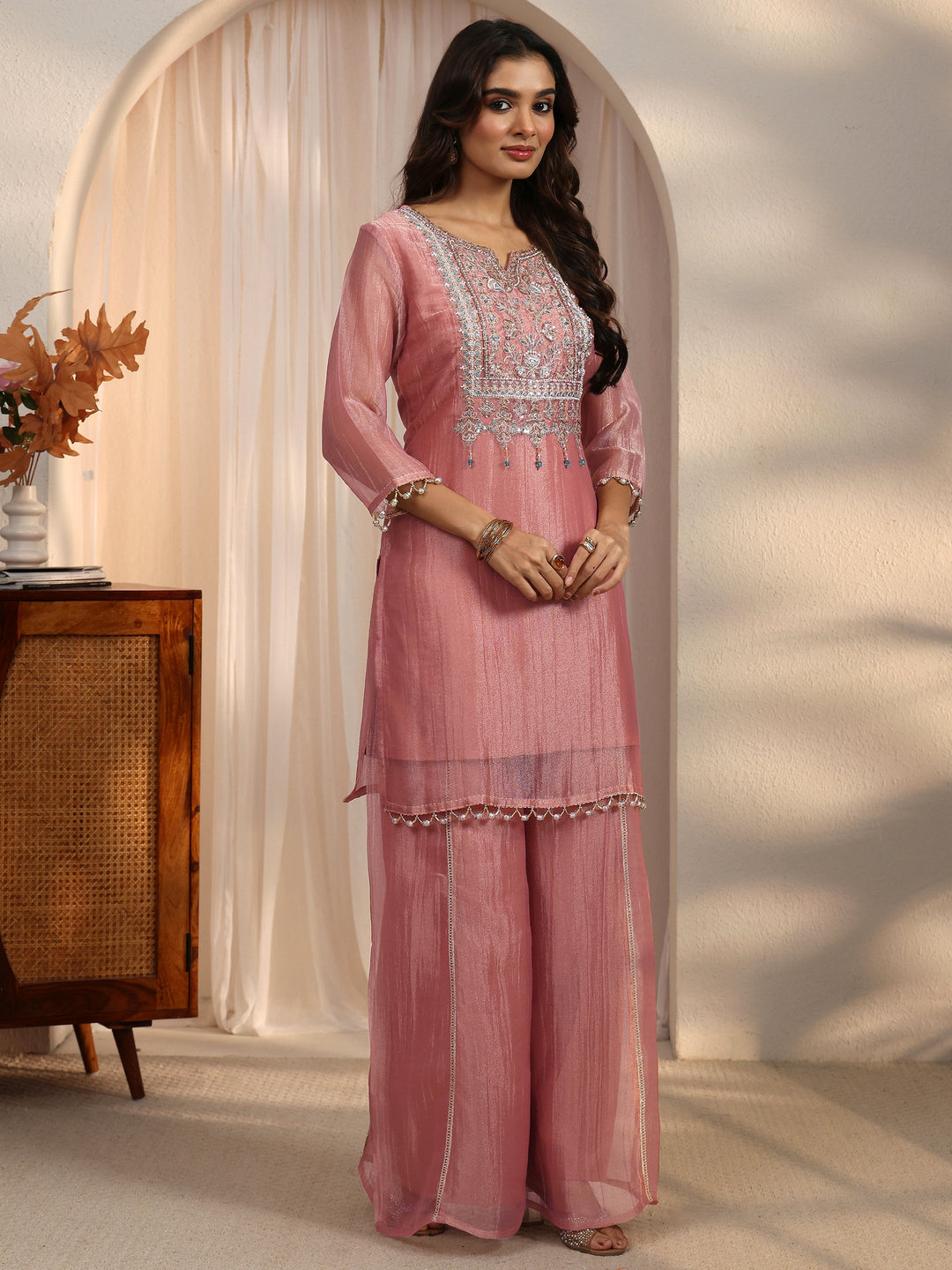 Libas Mauve Yoke Design Embellished Tissue Palazzo Suit Set