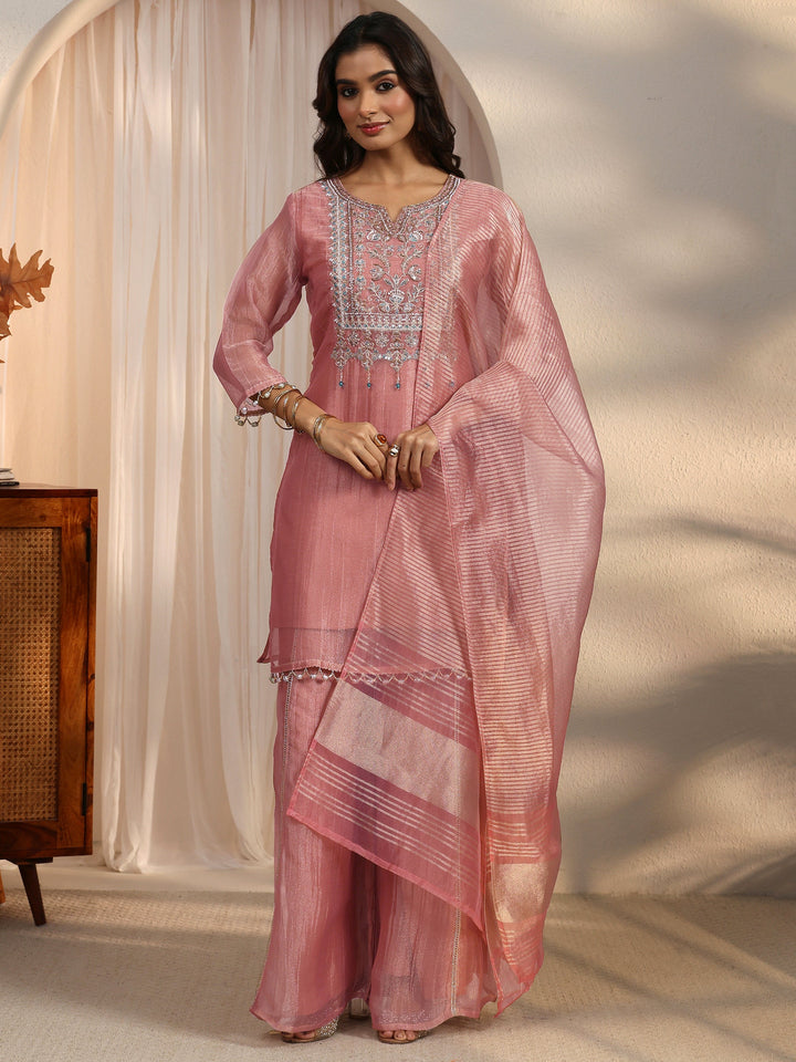 Libas Mauve Yoke Design Embellished Tissue Palazzo Suit Set