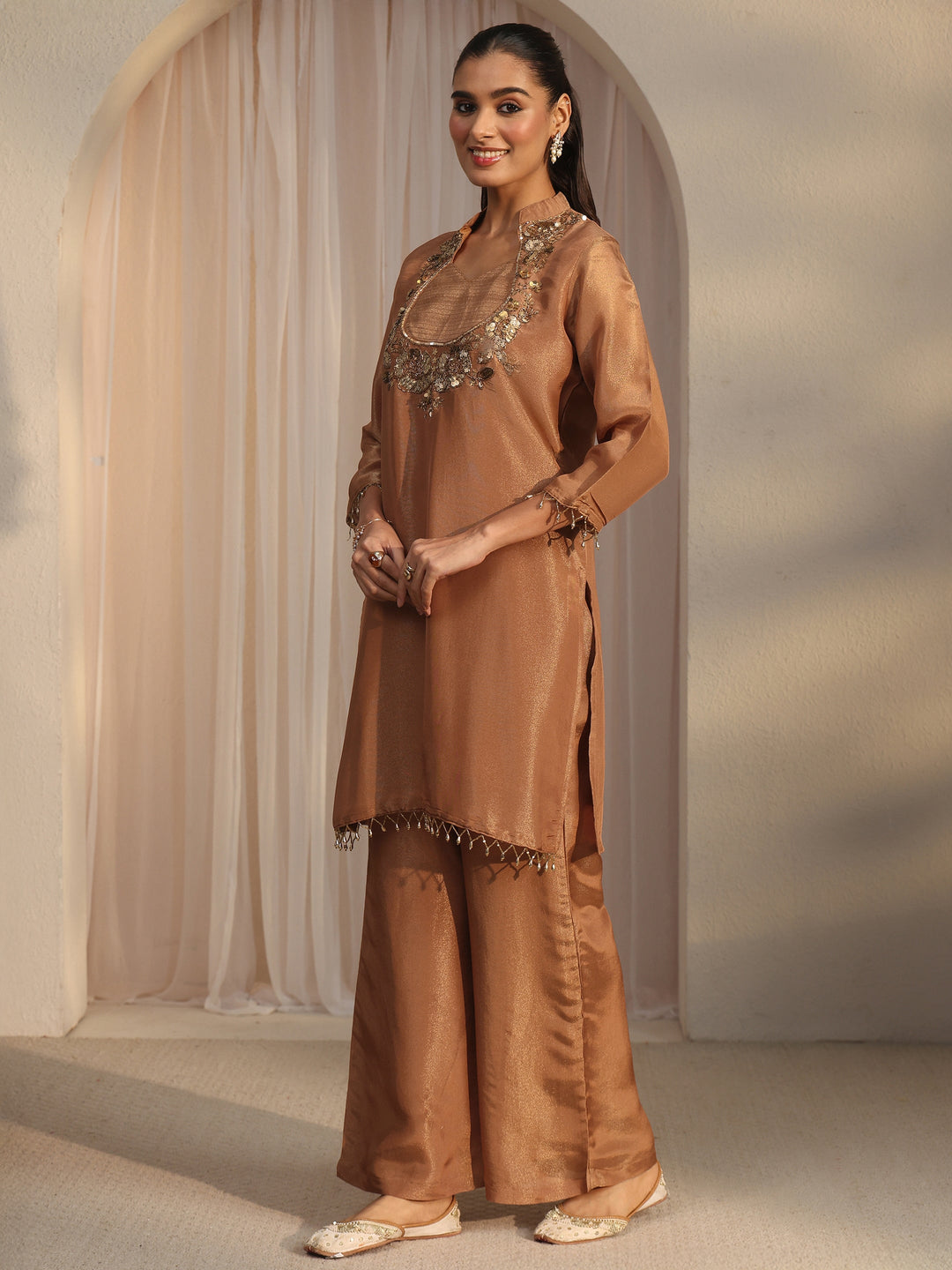 Libas Brown Yoke Design Embellished Tissue Co-Ord Set