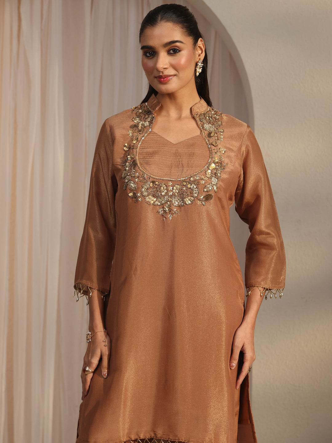Libas Brown Yoke Design Embellished Tissue Co-Ord Set
