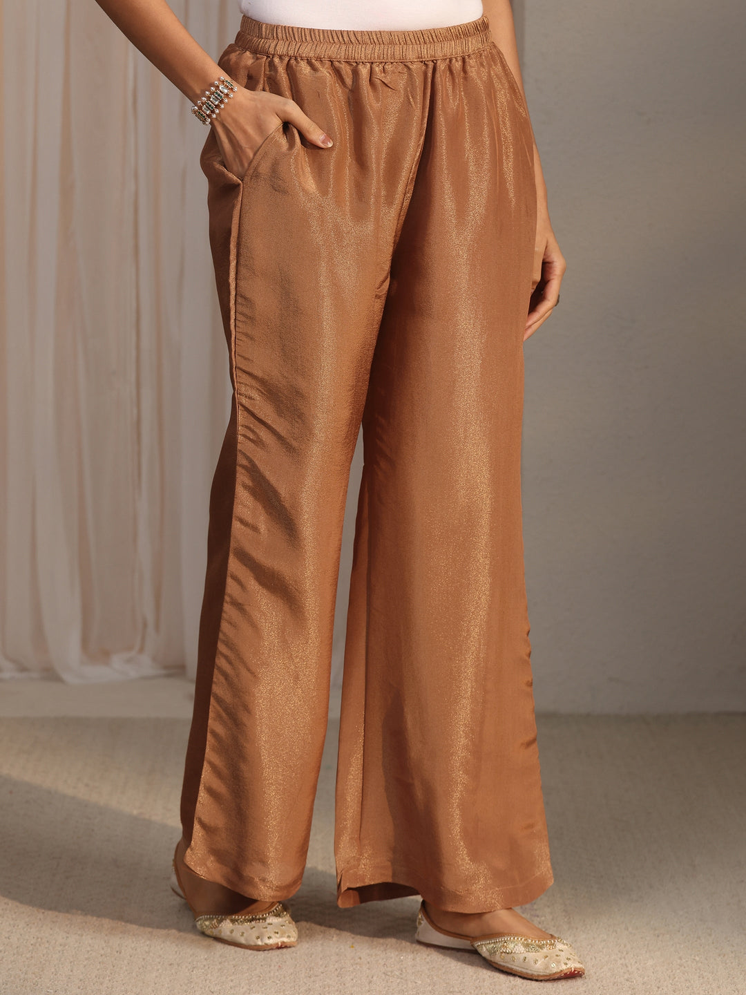 Libas Brown Yoke Design Embellished Tissue Co-Ord Set