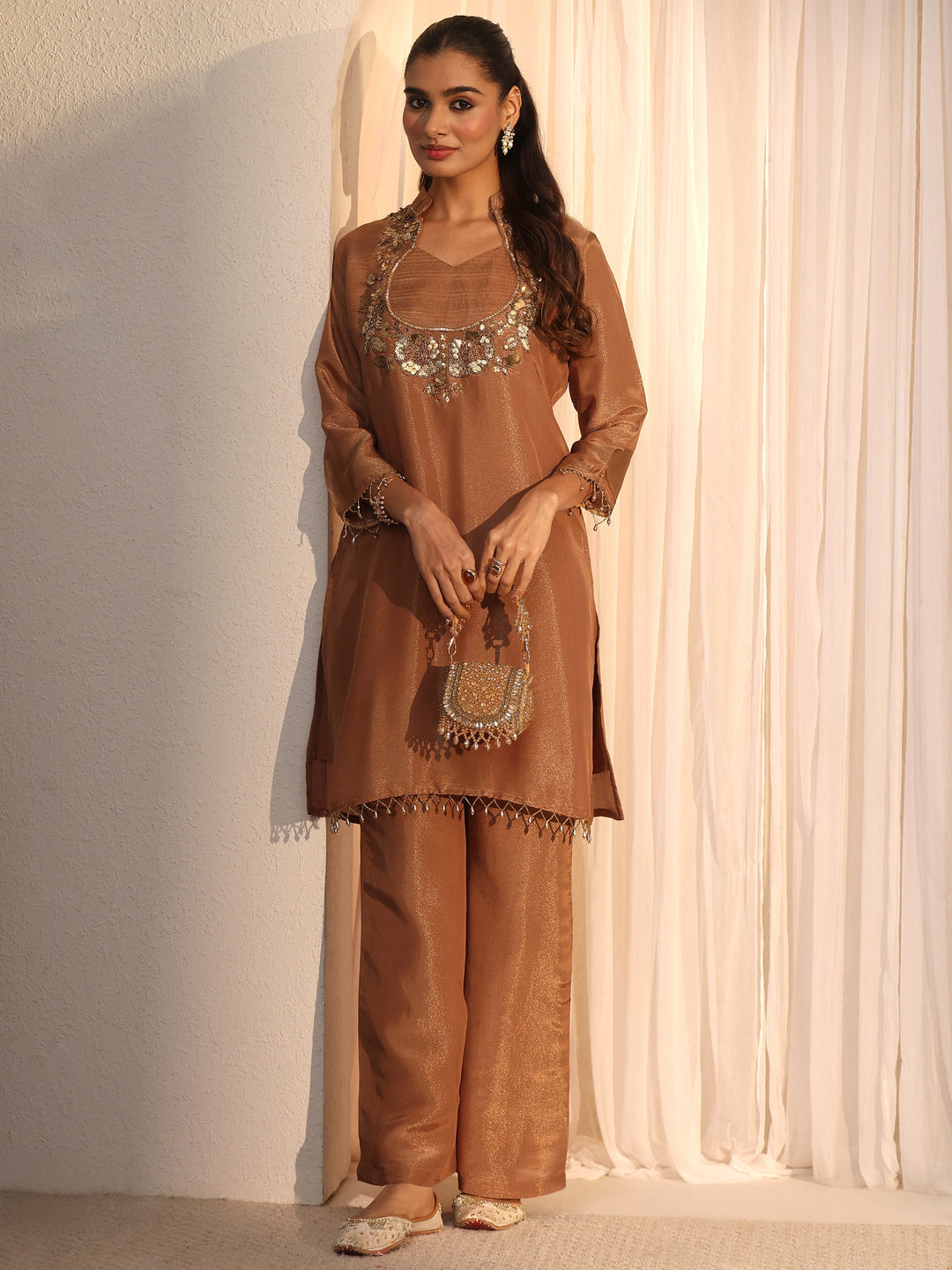 Libas Brown Yoke Design Embellished Tissue Co-Ord Set