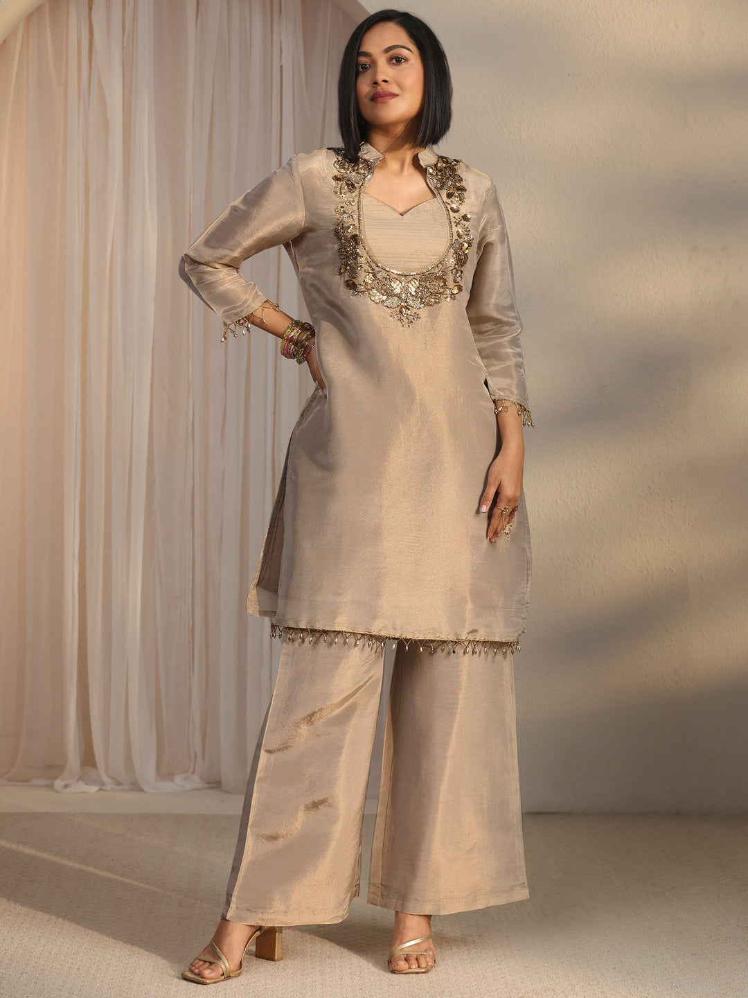Libas Beige Yoke Design Embellished Tissue Co-Ord Set