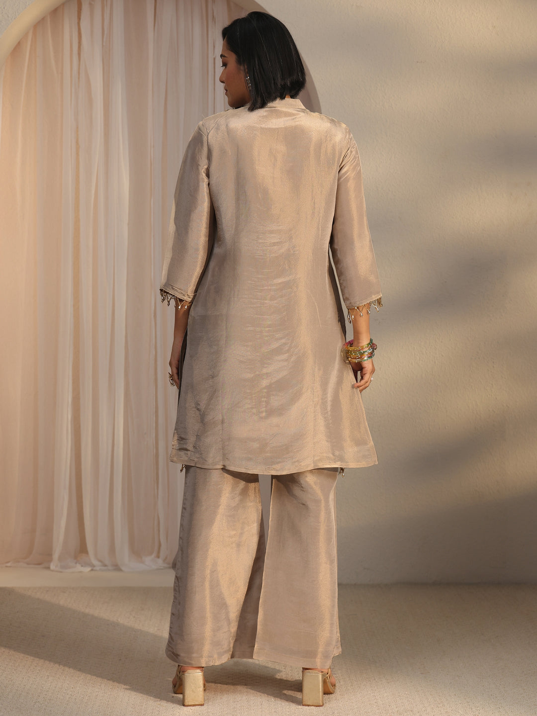 Libas Beige Yoke Design Embellished Tissue Co-Ord Set