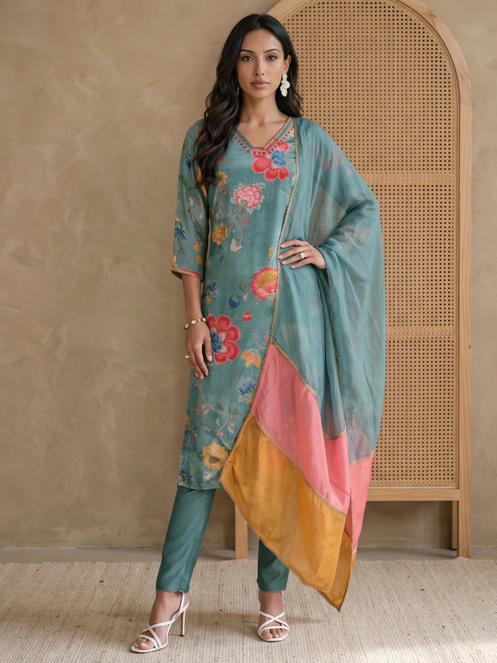 Libas Blue Floral Printed Tissue Straight Suit Set