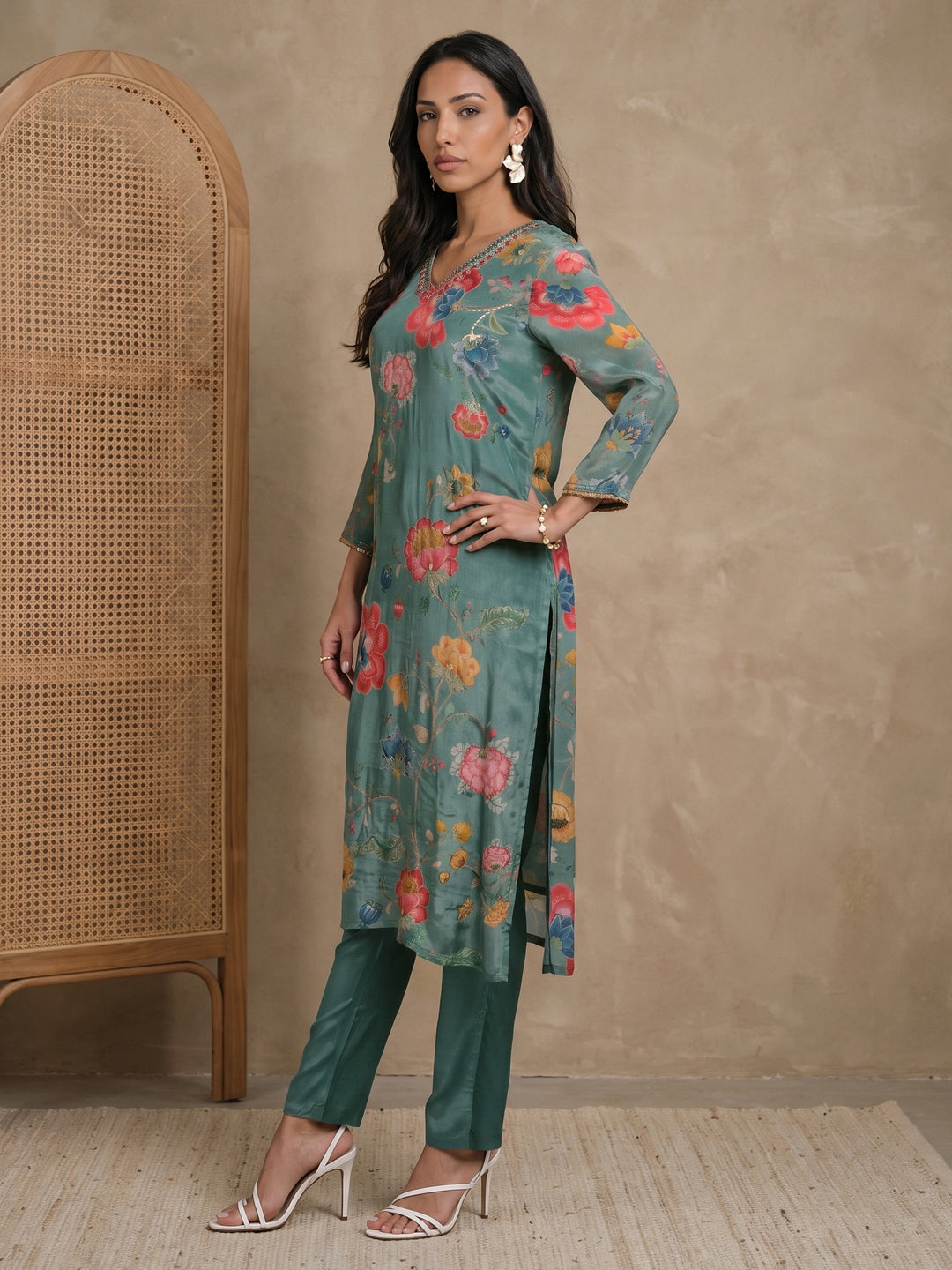 Libas Blue Floral Printed Tissue Straight Suit Set