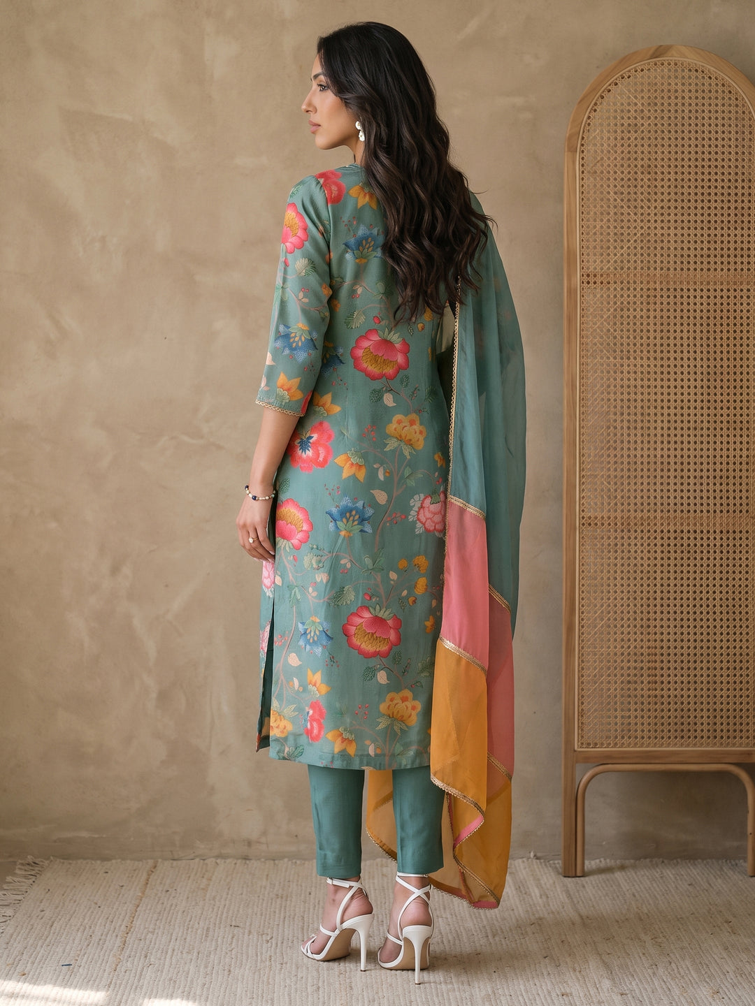 Libas Blue Floral Printed Tissue Straight Suit Set