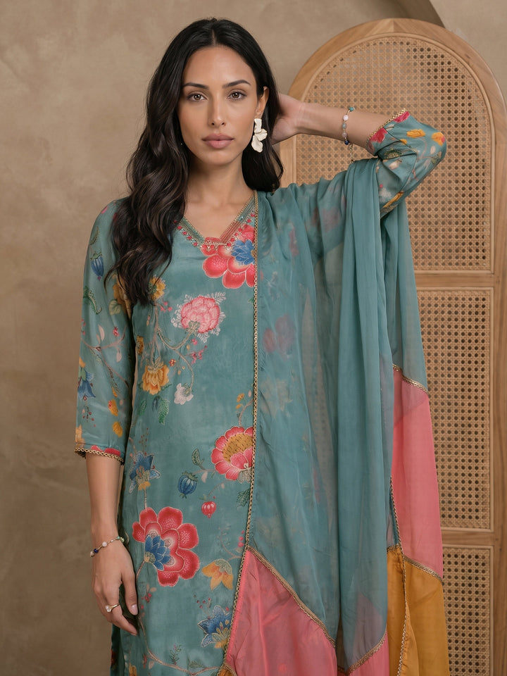 Libas Blue Floral Printed Tissue Straight Suit Set