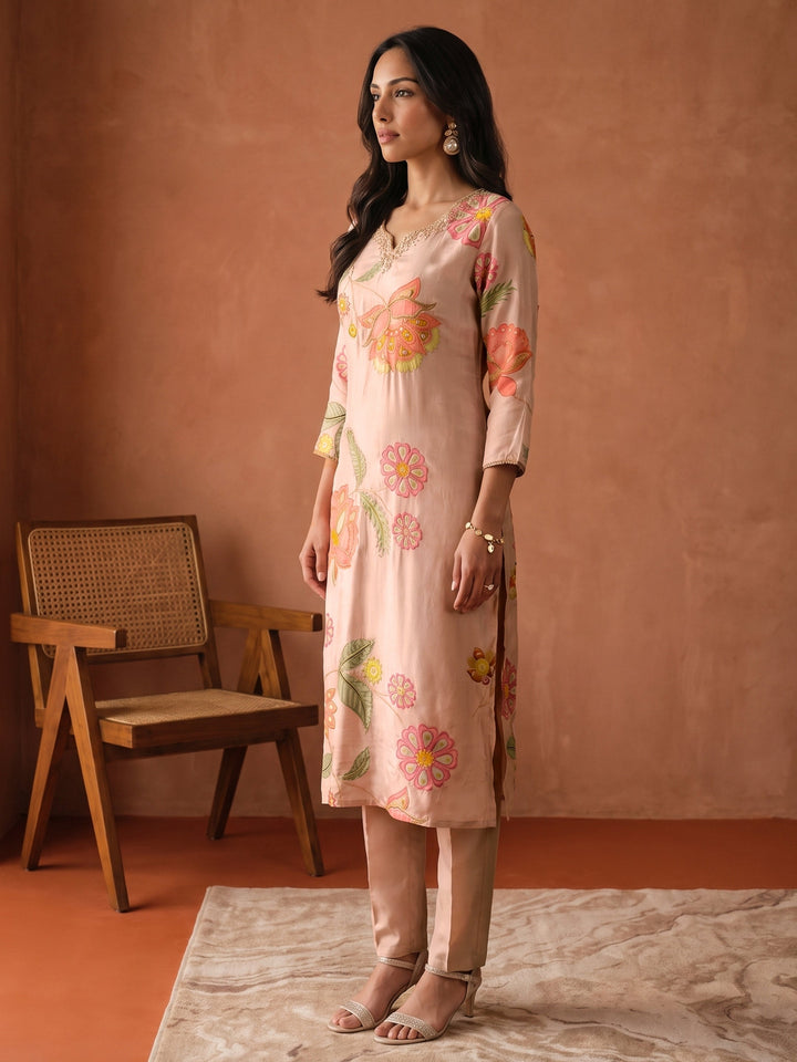 Libas Pink Floral Printed Tissue Straight Suit Set