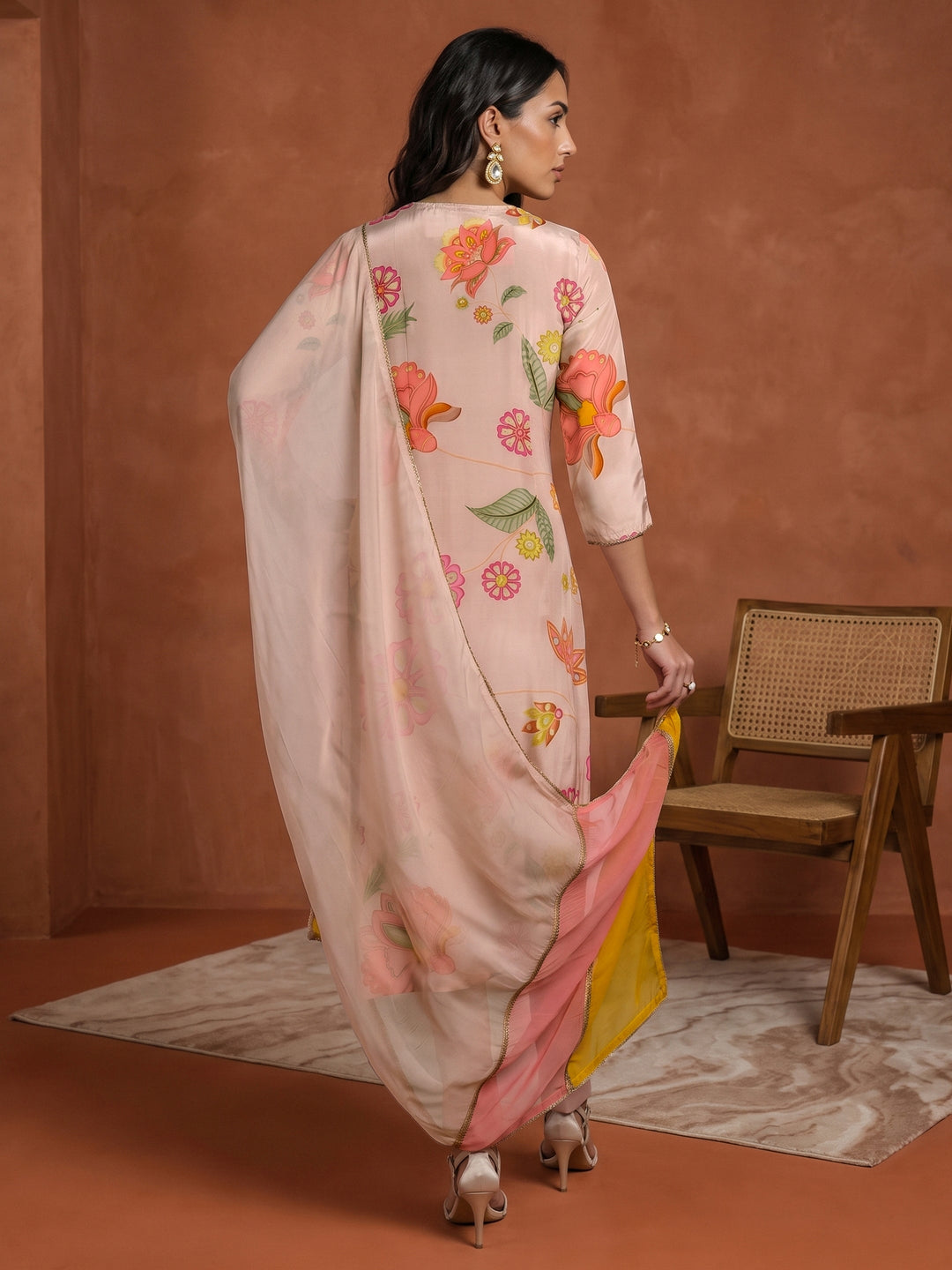 Libas Pink Floral Printed Tissue Straight Suit Set