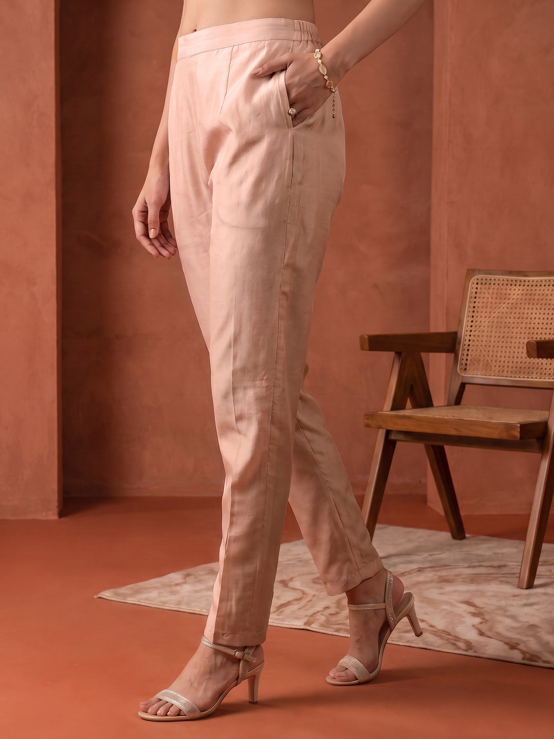 Libas Pink Floral Printed Tissue Straight Suit Set