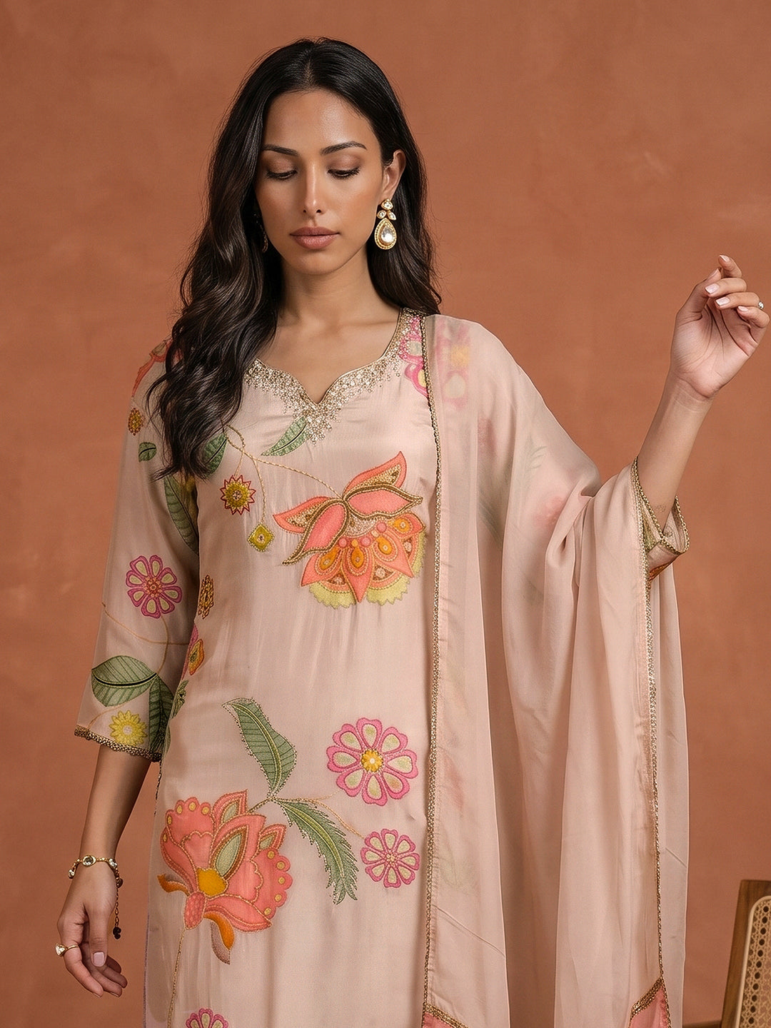 Libas Pink Floral Printed Tissue Straight Suit Set