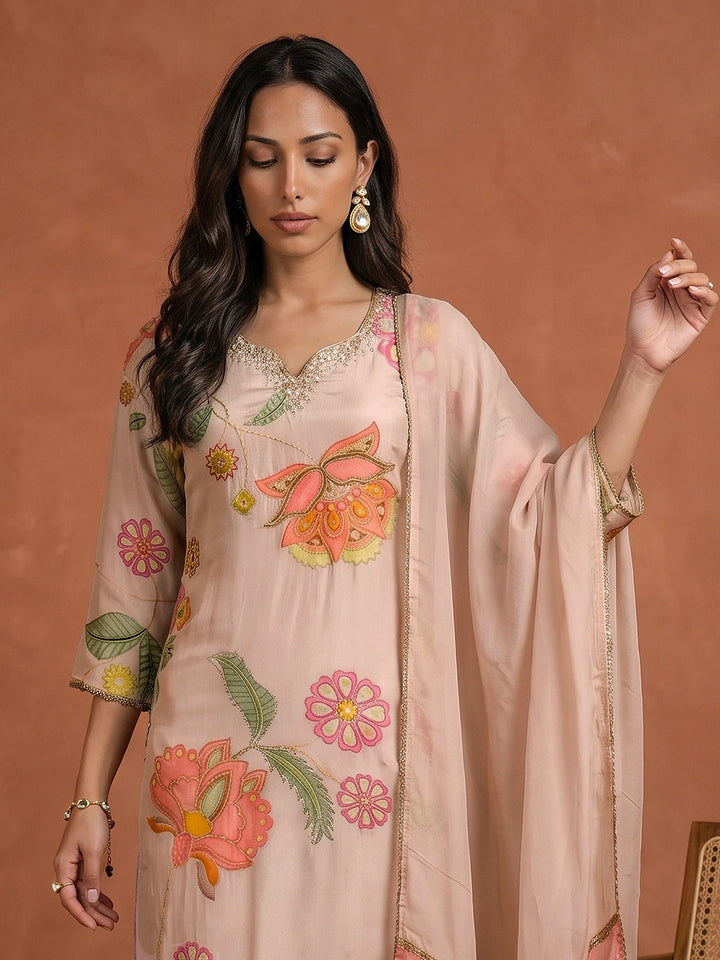 Libas Pink Floral Printed Tissue Straight Suit Set