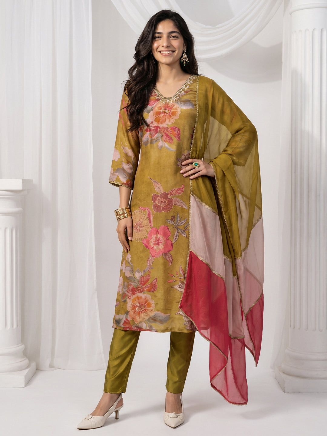 Libas Green Floral Printed Tissue Straight Suit Set