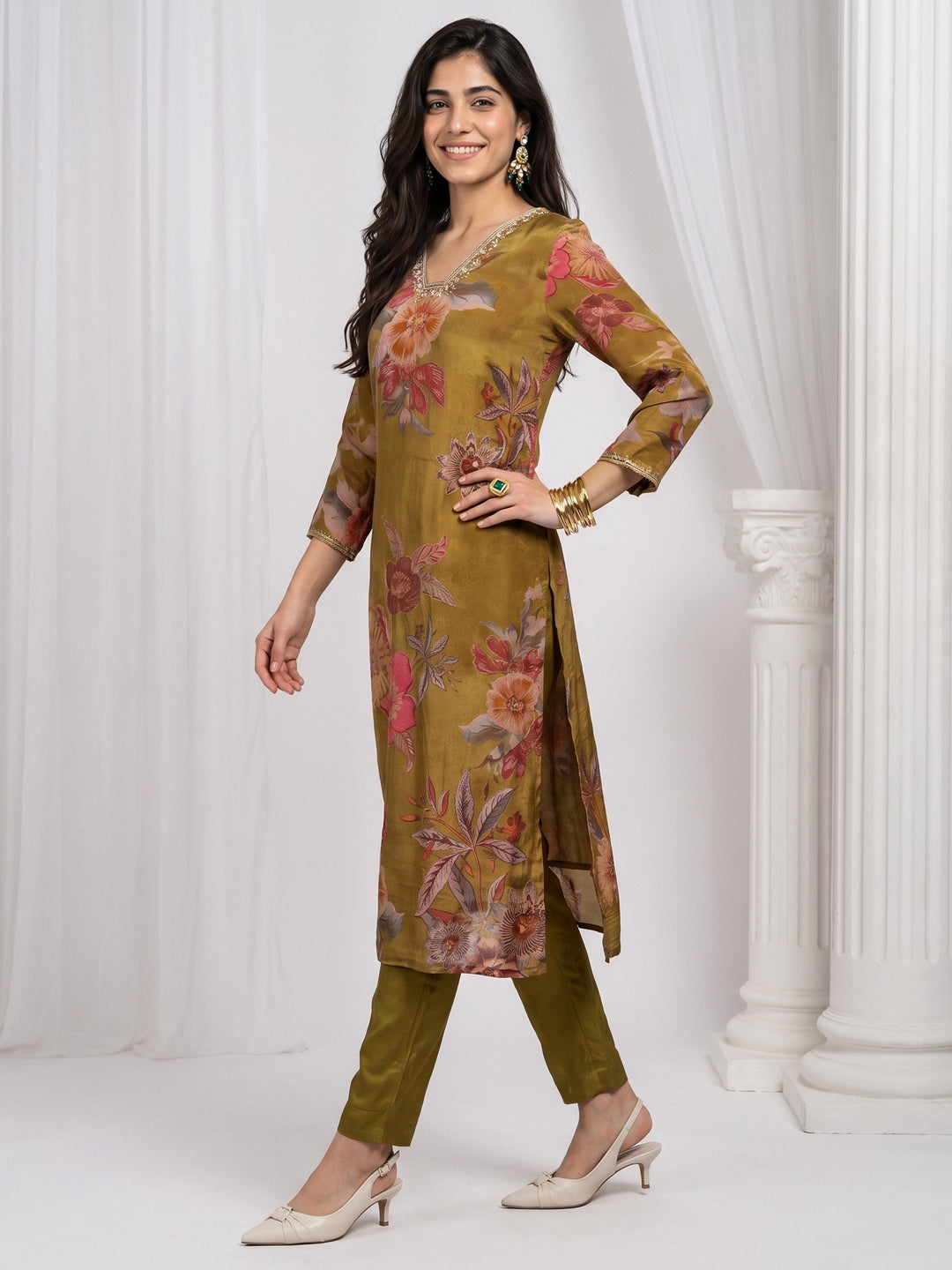 Libas Green Floral Printed Tissue Straight Suit Set