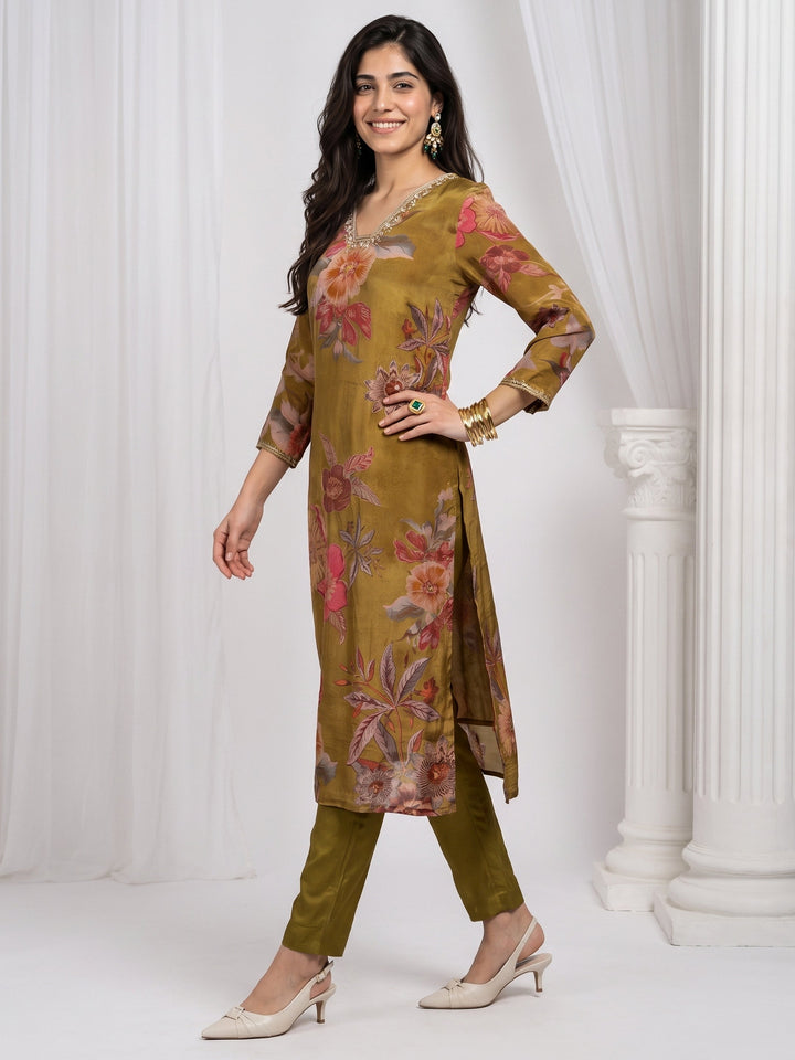 Libas Green Floral Printed Tissue Straight Suit Set