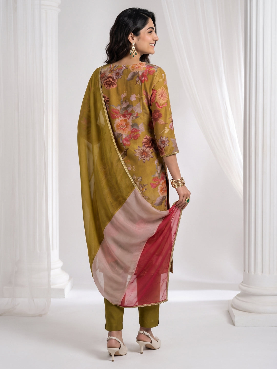 Libas Green Floral Printed Tissue Straight Suit Set