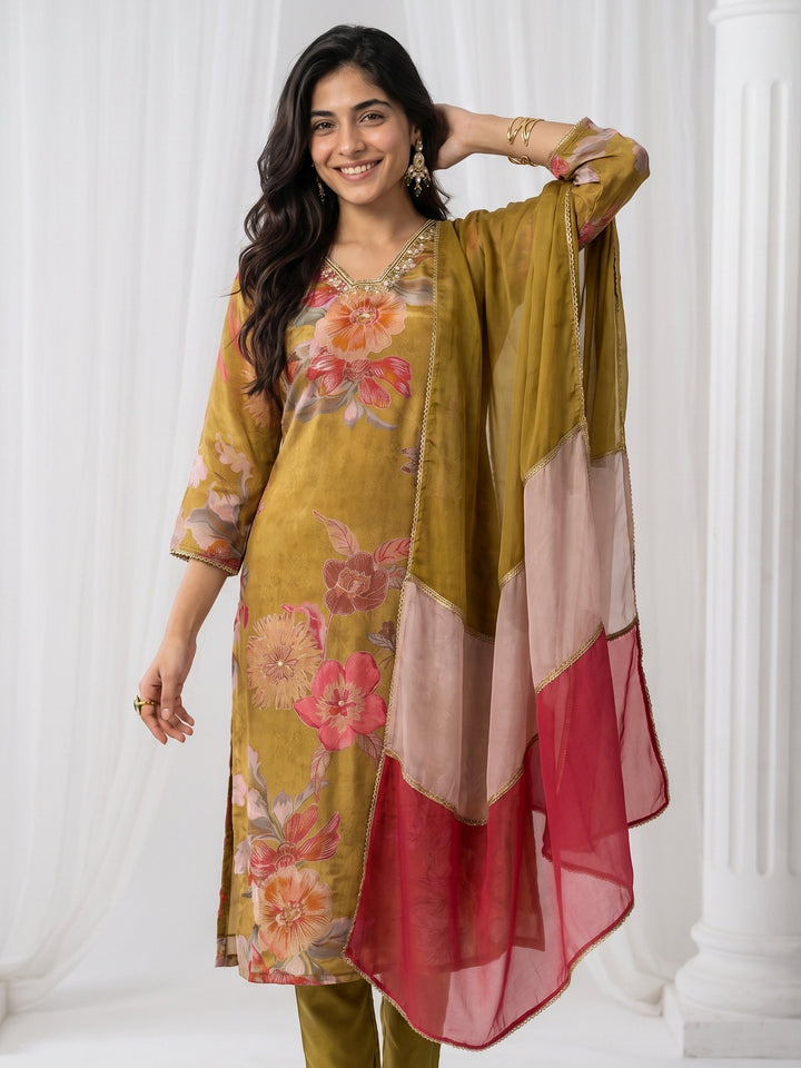 Libas Green Floral Printed Tissue Straight Suit Set