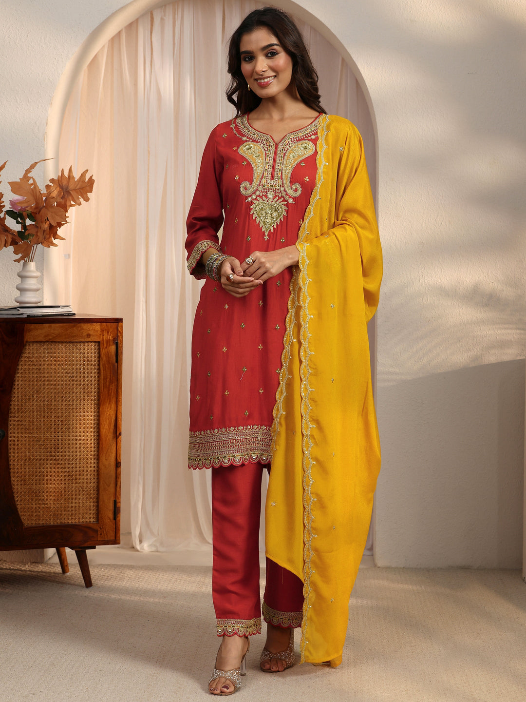 Libas Rust Red Floral Embellished Silk Blend Straight Suit Set