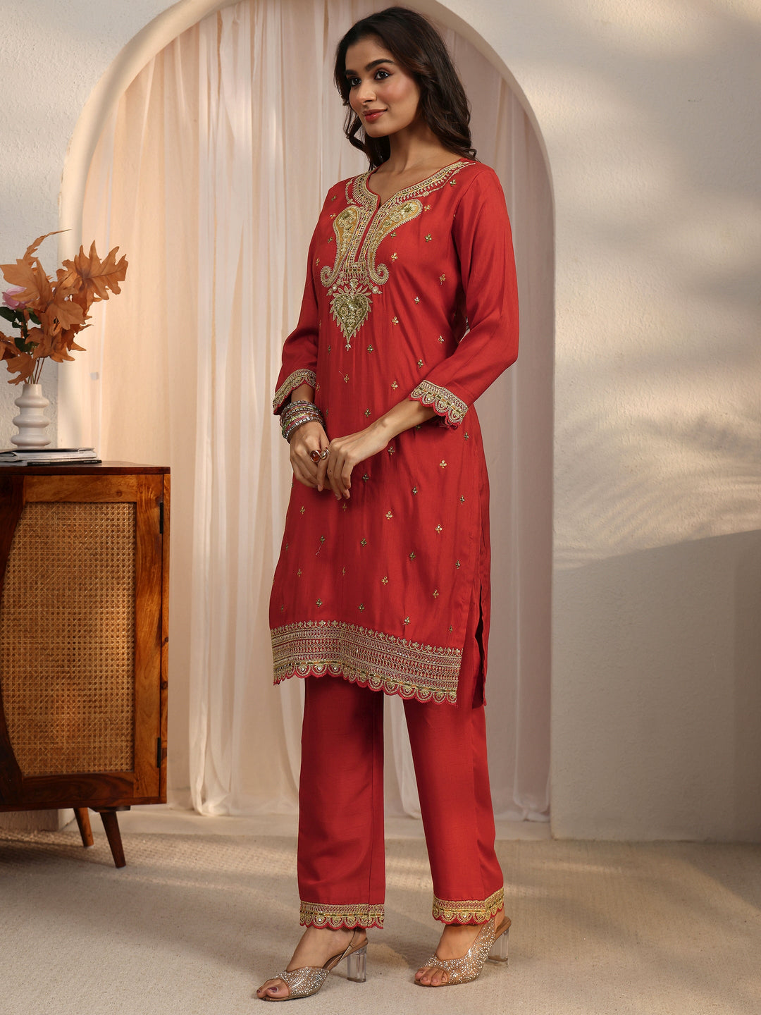 Libas Rust Red Floral Embellished Silk Blend Straight Suit Set