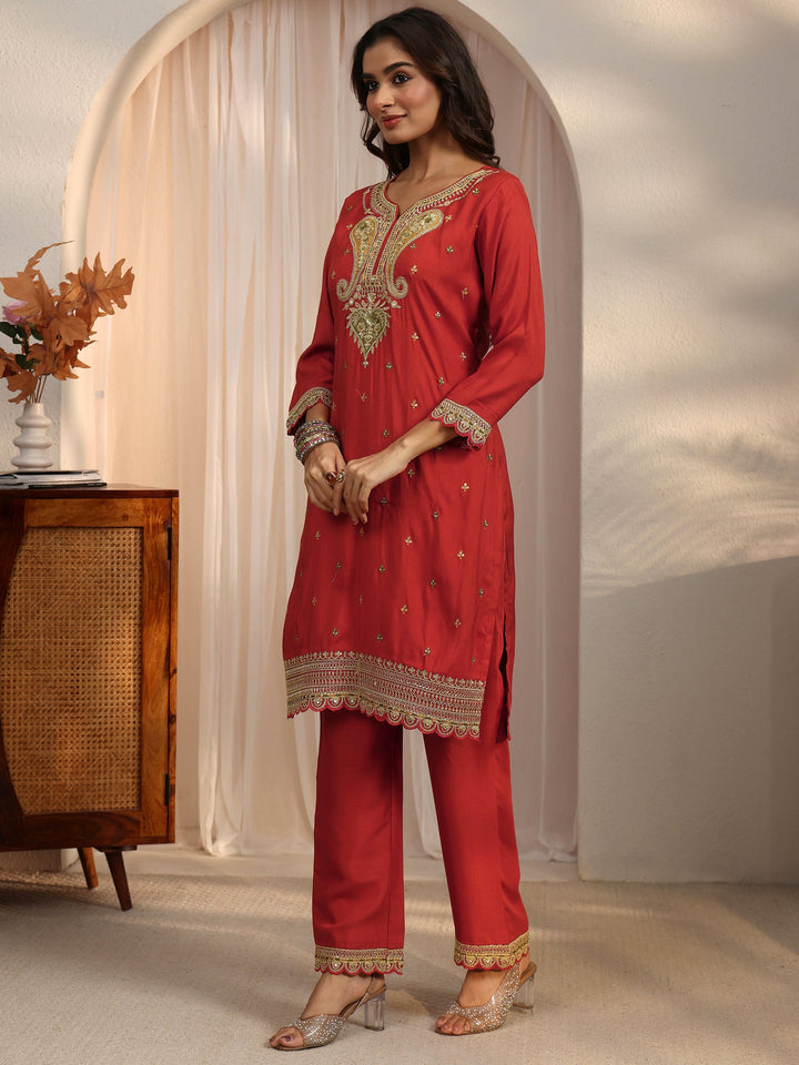 Libas Rust Red Floral Embellished Silk Blend Straight Suit Set