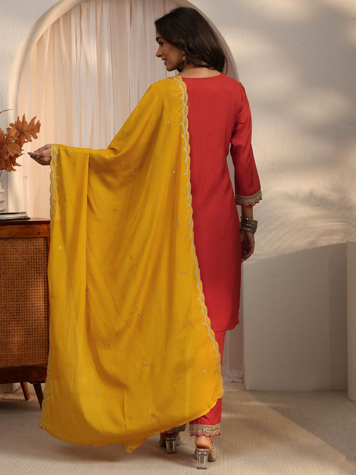Libas Rust Red Floral Embellished Silk Blend Straight Suit Set