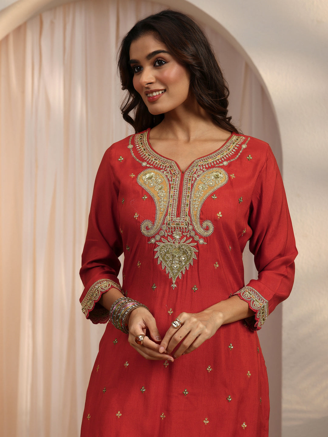Libas Rust Red Floral Embellished Silk Blend Straight Suit Set