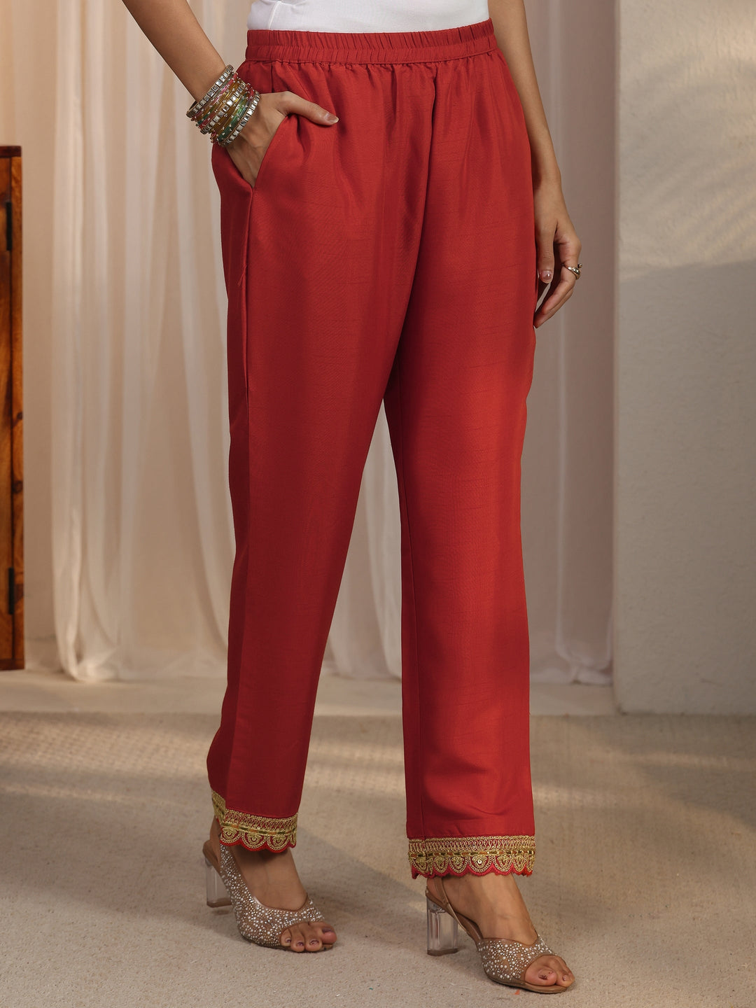 Libas Rust Red Floral Embellished Silk Blend Straight Suit Set