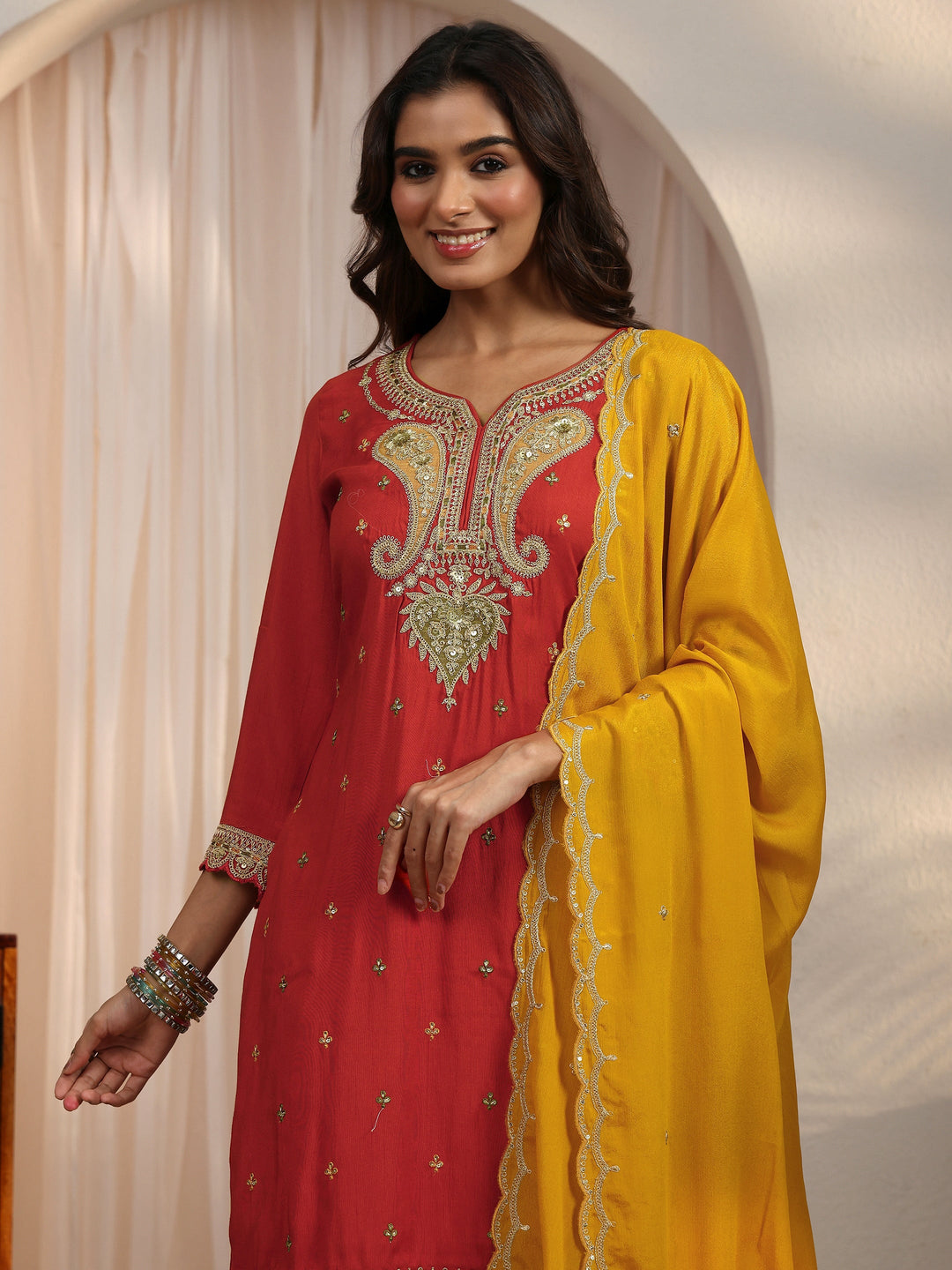 Libas Rust Red Floral Embellished Silk Blend Straight Suit Set