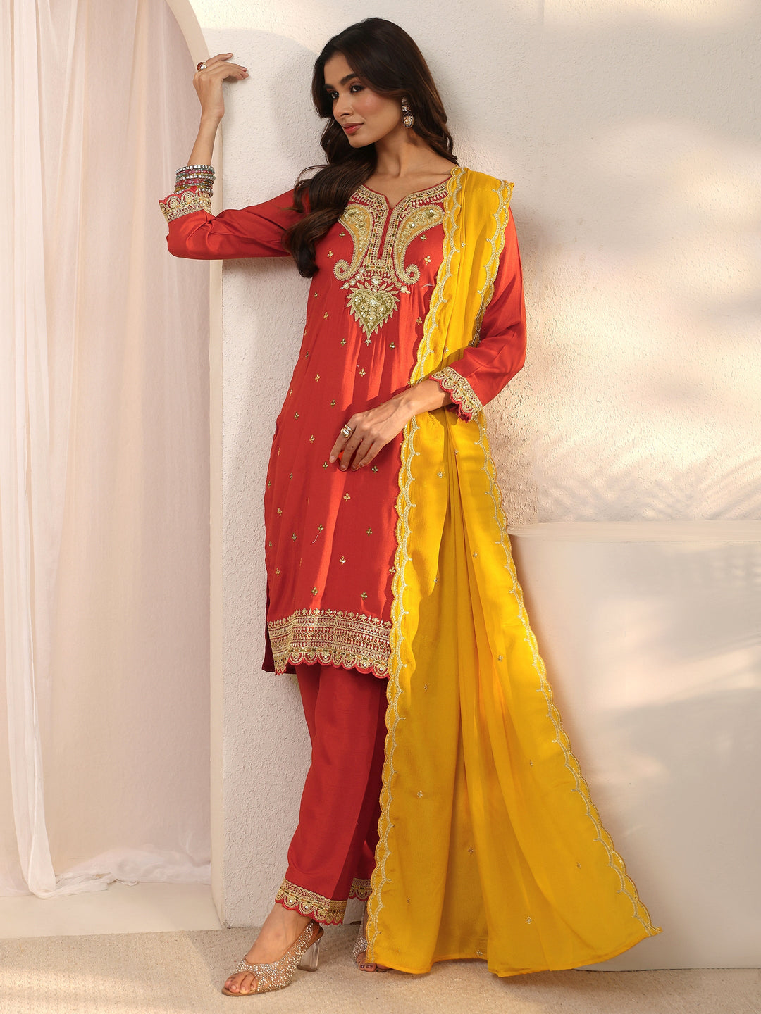 Libas Rust Red Floral Embellished Silk Blend Straight Suit Set