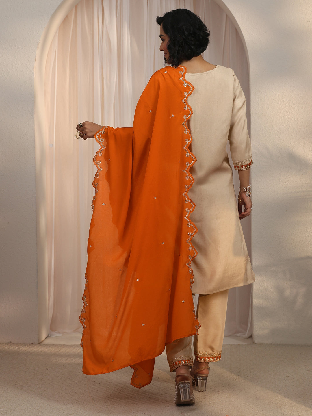 Libas Beige Floral Embellished Silk Blend Straight Suit Set