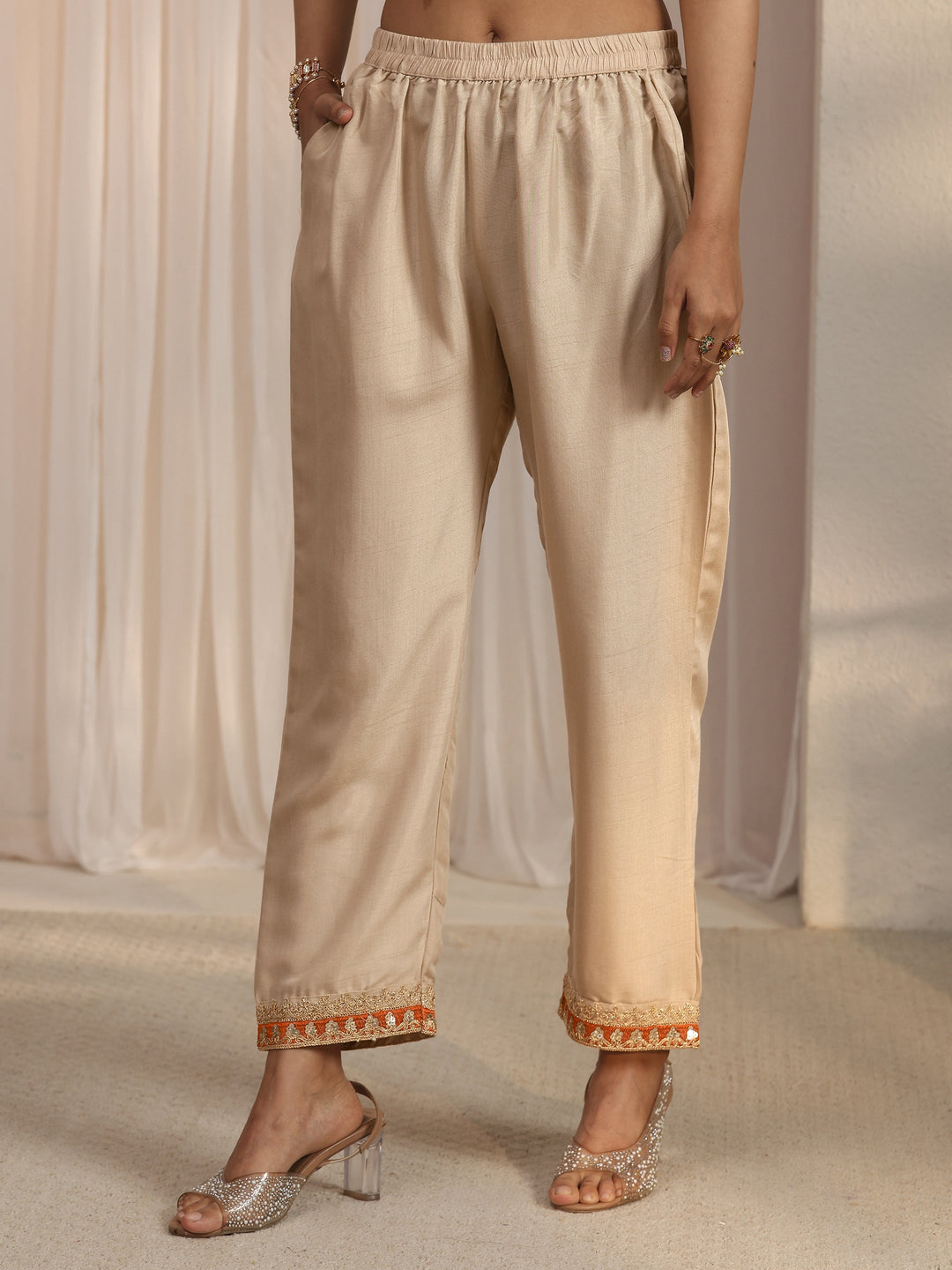 Libas Beige Floral Embellished Silk Blend Straight Suit Set