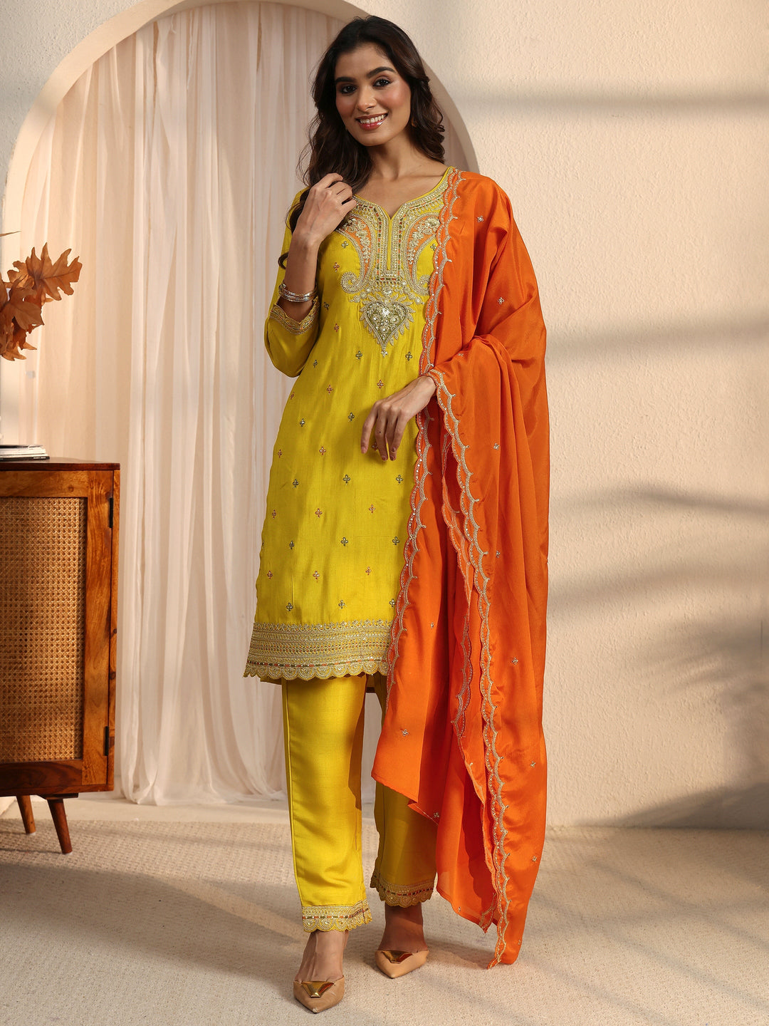 Libas Mustard Floral Embellished Silk Blend Straight Suit Set