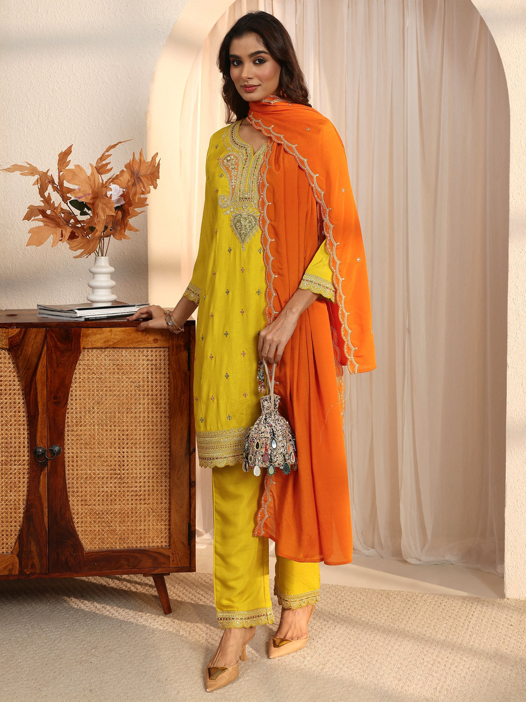 Libas Mustard Floral Embellished Silk Blend Straight Suit Set