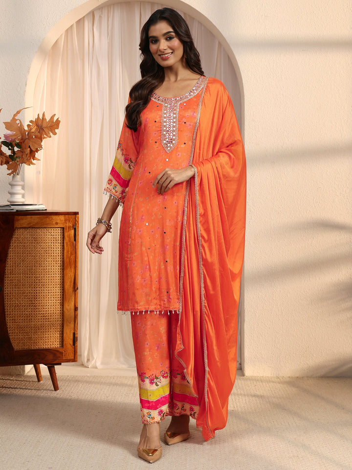 Libas Orange Floral Woven Design Chinon A-Line Suit Set