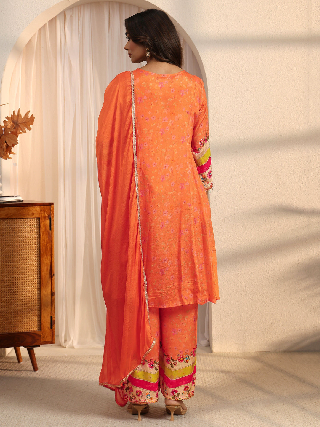 Libas Orange Floral Woven Design Chinon A-Line Suit Set