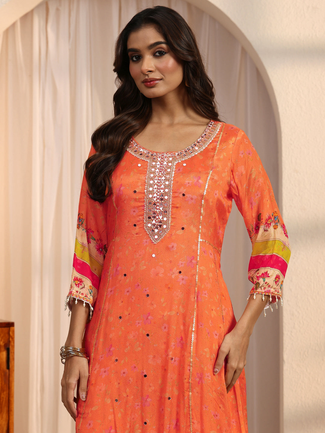 Libas Orange Floral Woven Design Chinon A-Line Suit Set