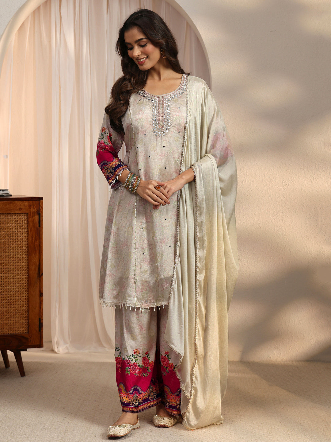 Libas Beige Floral Woven Design Chinon A-Line Suit Set