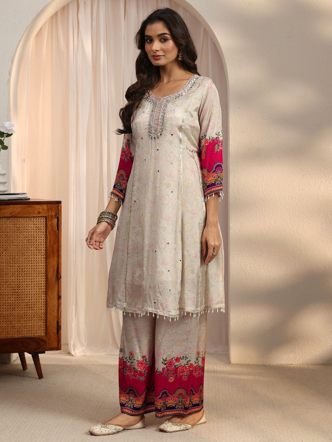 Libas Beige Floral Woven Design Chinon A-Line Suit Set