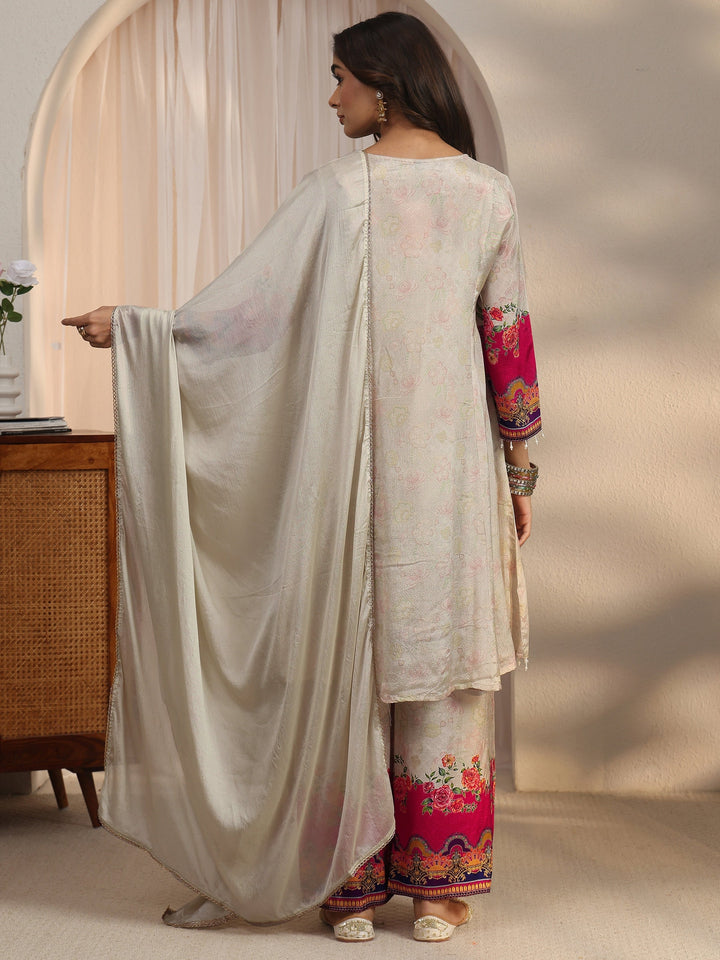 Libas Beige Floral Woven Design Chinon A-Line Suit Set