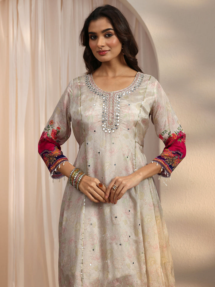 Libas Beige Floral Woven Design Chinon A-Line Suit Set