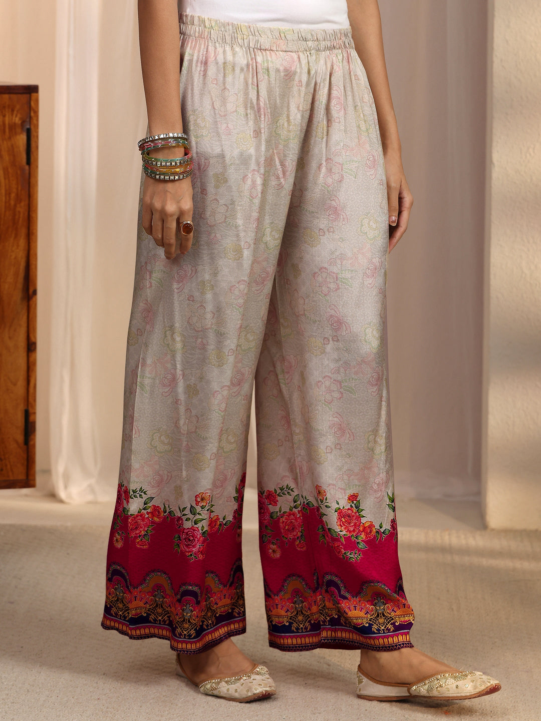 Libas Beige Floral Woven Design Chinon A-Line Suit Set