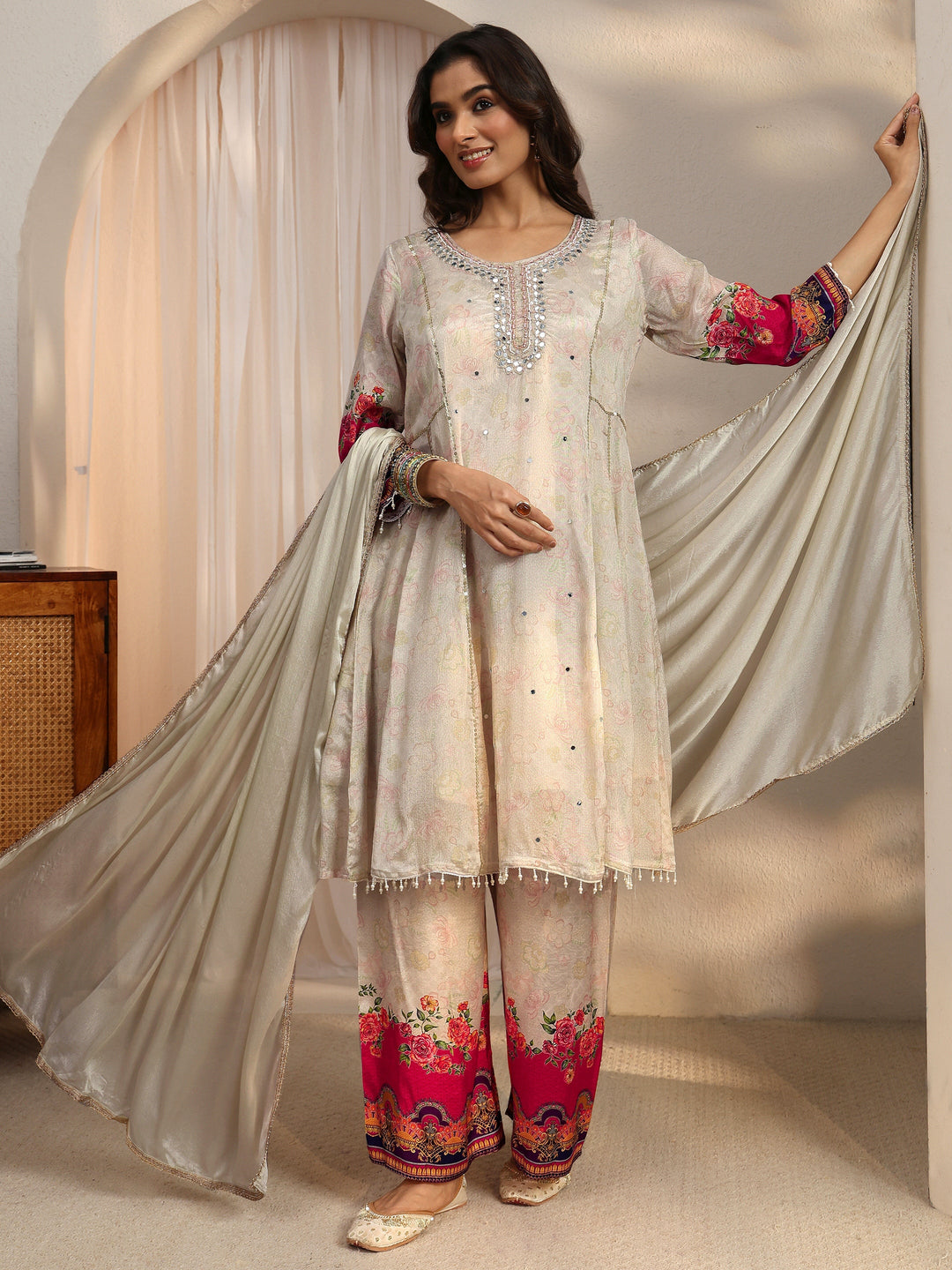 Libas Beige Floral Woven Design Chinon A-Line Suit Set
