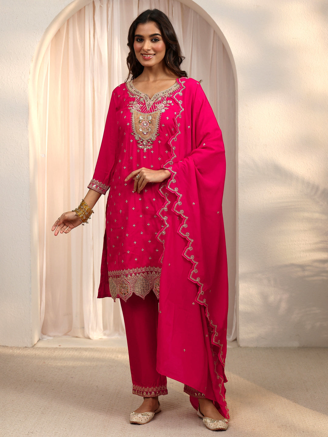Libas Pink Embroidered Silk Blend Straight Suit Set