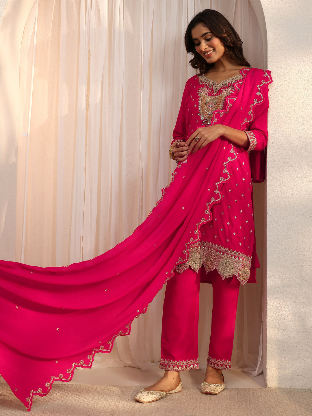 Libas Pink Embroidered Silk Blend Straight Suit Set