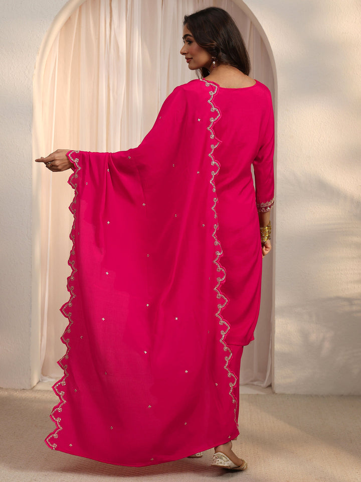 Libas Pink Embroidered Silk Blend Straight Suit Set